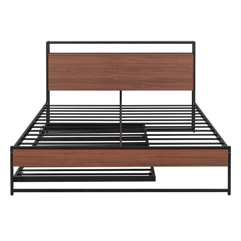 Queen Size Metal Platform Bed Frame with Trundle, USB Ports and Slat Support ,No Box Spring Needed Black