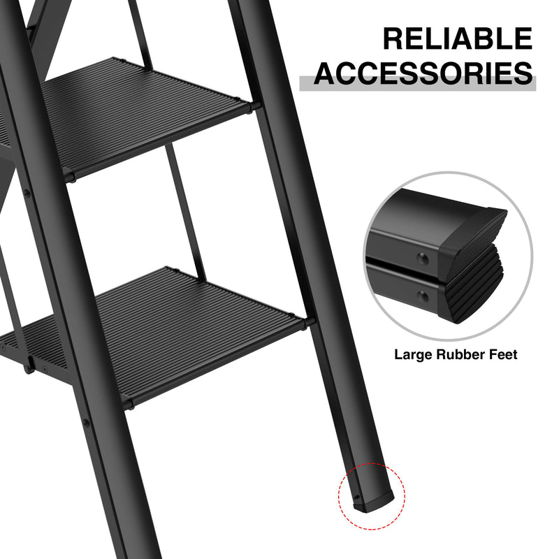 3 Step Ladder, Retractable Handgrip Folding Step Stool With Anti-Slip Wide Pedal, Aluminum Stool Ladders 3 Steps, 300 Lbs Safety Household Ladder - Black