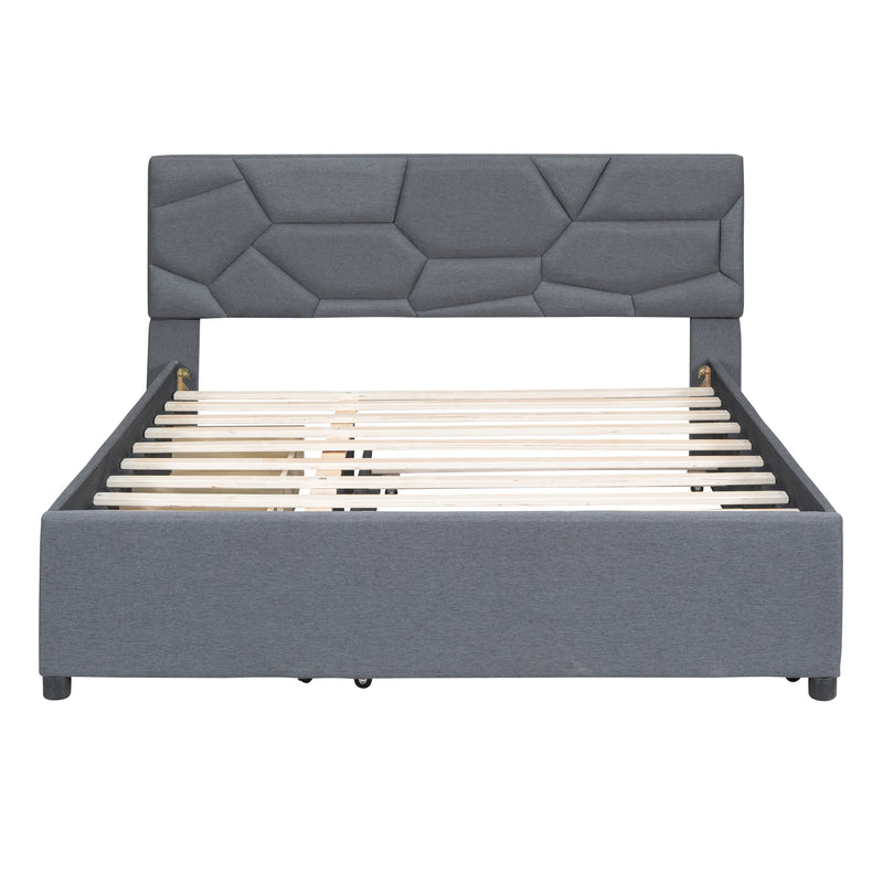 Queen Size Upholstered Platform Bed with Brick Pattern Headboard, with Twin XL Size Trundle and 2 drawers, Linen Fabric, Gray