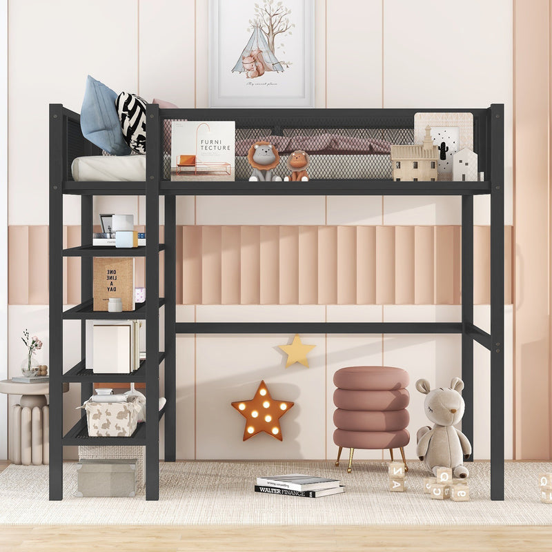 Twin Size Metal Loft Bed with 4-Tier Shelves and Storage, Black