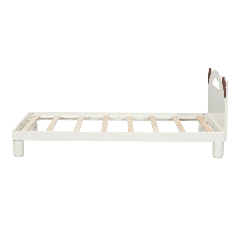 Twin Size Platform Bed with Bear Ears Shaped Headboard and LED, Cream White