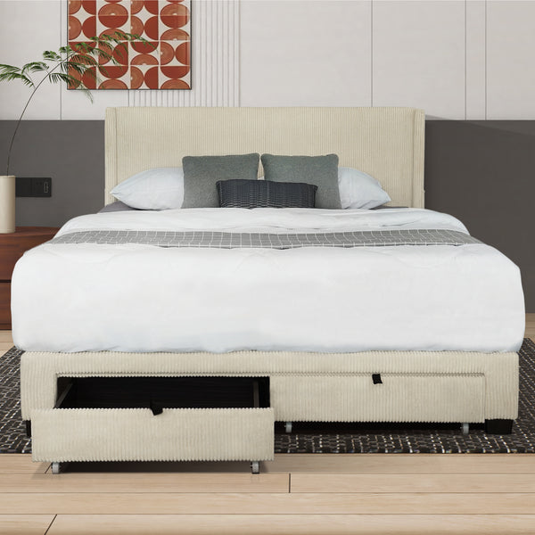 CORDUROY VELVET QUEEN FOOTBOARD DRAWER STORAGE UPHOLSTERED WINGBACK BED NO BOX SPRING REQUIRE BEIGE WHITE