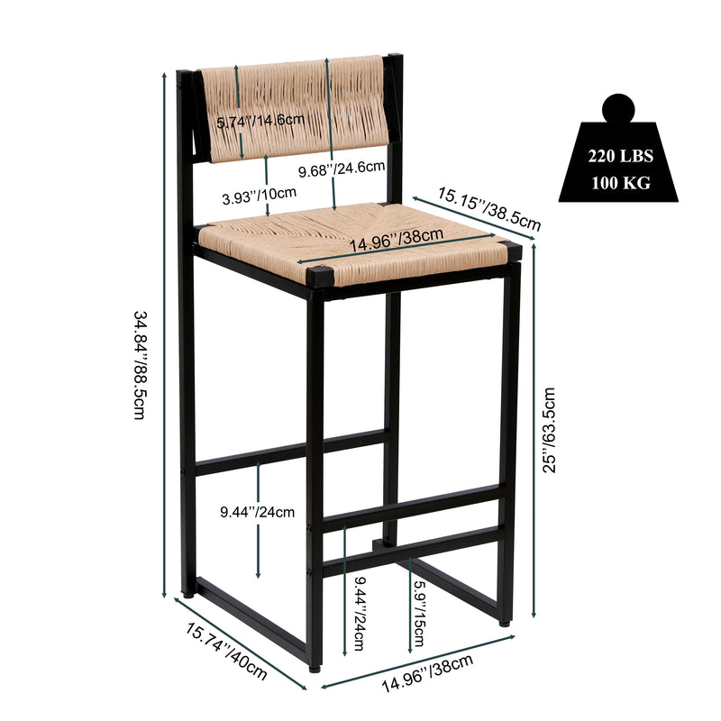 Bar Stools Paper Rope Weave Dining Chairs With Back Hand Weave Stools For Kichen Island, Bar & Counter (Set of 2)