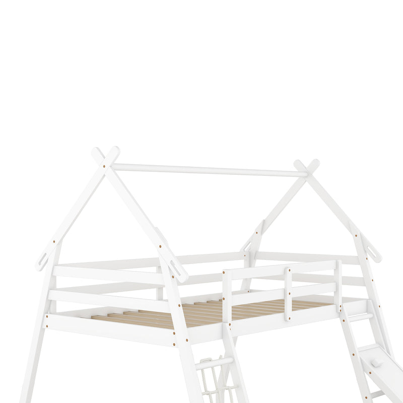 Twin over Queen House Bunk Bed with Climbing Nets and Climbing Ramp, White