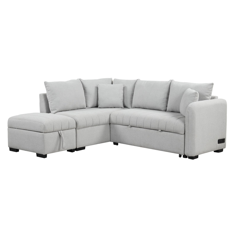 L-Shaped Sectional Pull Out Sofa Bed Sleeper Sofa With Two USB Ports, Two Power Sockets And A Movable Storage Ottoman