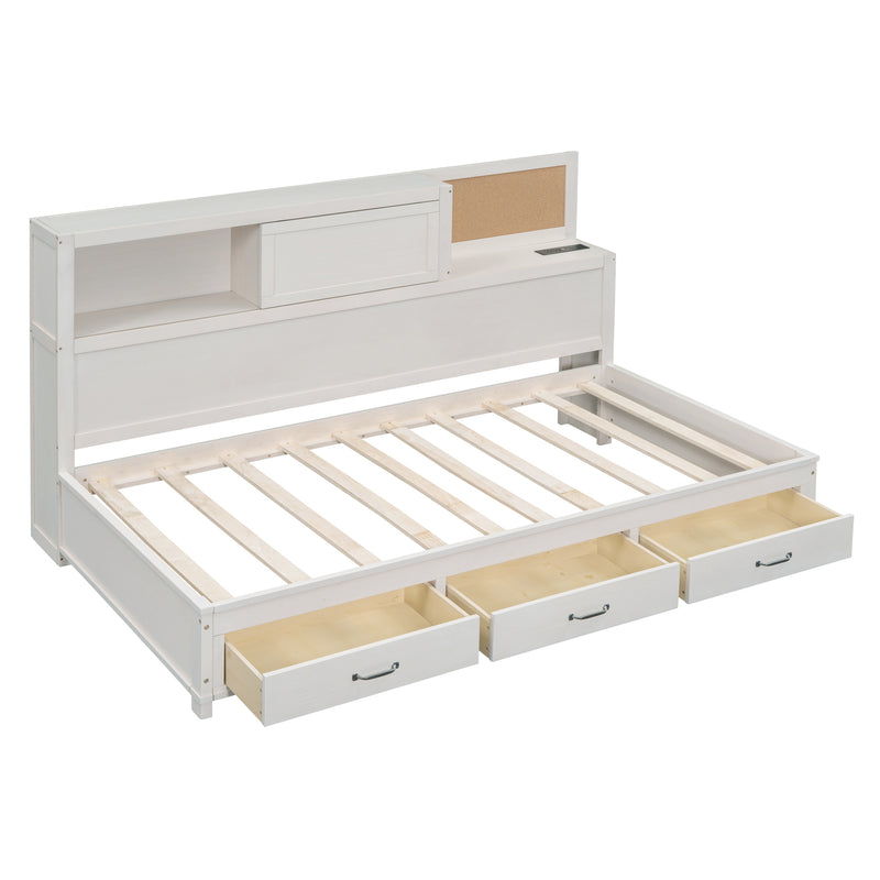 Twin Size Wooden Daybed with 3 Storage Drawers, Upper Soft Board, shelf, and a set of Sockets and USB Ports, White