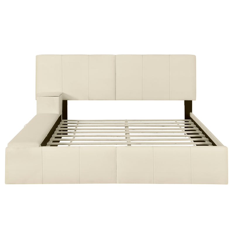 Queen Size Upholstered Platform Bed with Lateral Storage Compartments and Thick Fabric, Velvet, Beige