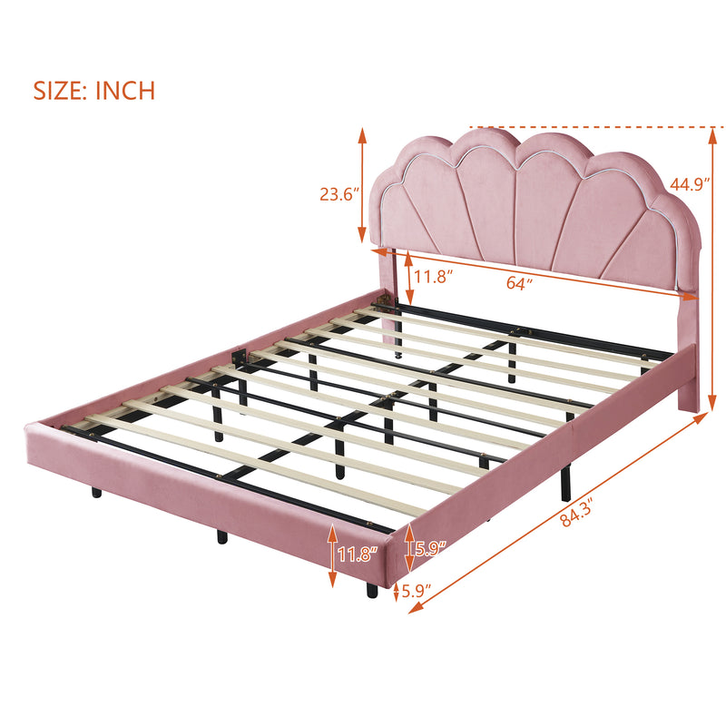 Queen Upholstered Smart LED Bed Frame with Elegant Flowers Headboard,Floating Velvet Platform LED Bed with Wooden Slats Support,Pink