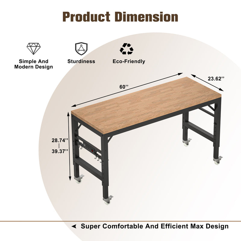 Adjustable Workbench For Garage, Rubber Wood Heavy Duty Workstation With Power Outlets & Wheels, 2000 Lbs Load Capacity Hardwood Worktable For Workshop - Black