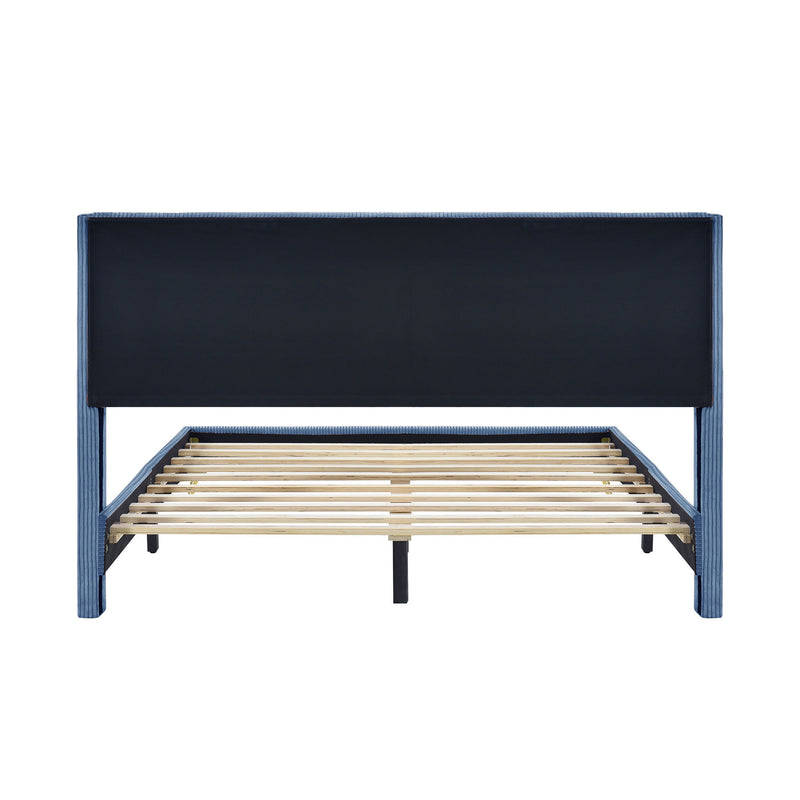 Queen Size Corduroy Platform Bed with Metal Legs, Blue