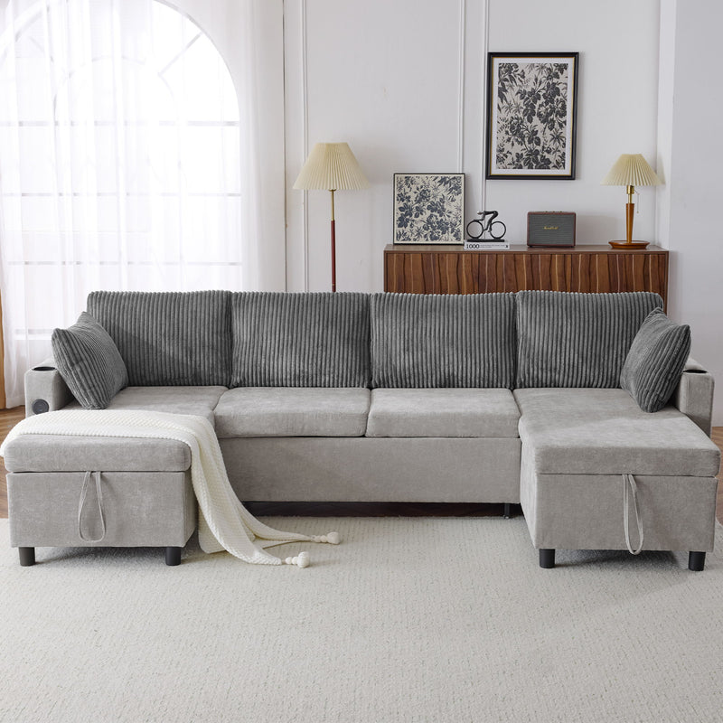 Sectional Sofa Pull Out Sofa Bed Versatile Sofa Sleeper With Large Storage Space, Two USB Ports And Two Cup Holders For Living Room