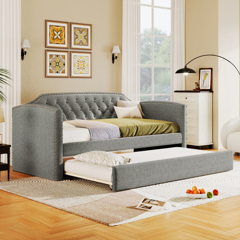 Twin Size Upholstered Daybed with Trundle for Guest Room, Small Bedroom, Study Room, Gray