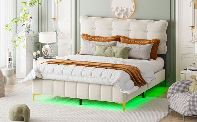 Queen Size Velvet Platform Bed with LED Frame and Stylish Mental Bed Legs, Beige