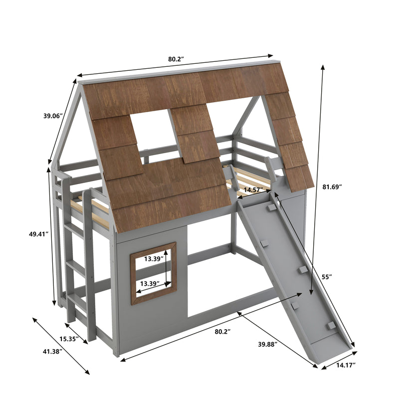 Cozy and Fun Wood Twin Size House Bunk Bed with Window Roof Shape Design with Ladder and Climbing Ramp, Brown+Gray