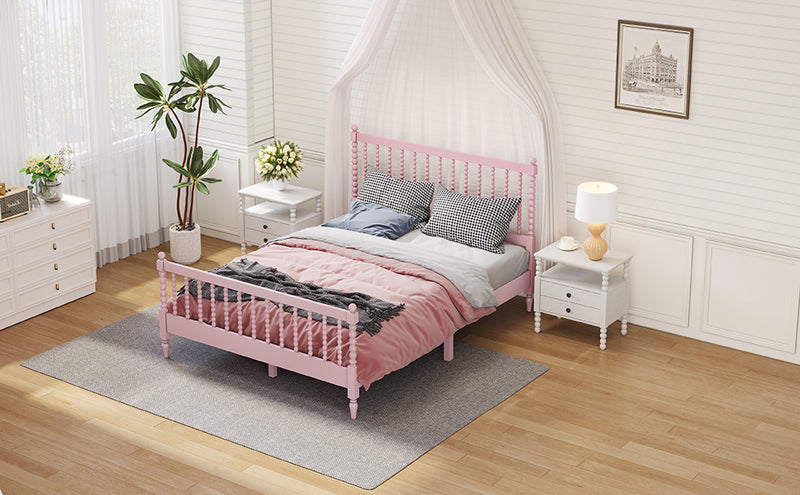 Queen Size Wood Platform Bed with Gourd Shaped Headboard and Footboard,Pink