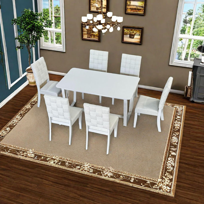 7 Pieces Dining Set Include 6 Chairs linen & Rubber Wood Legs And 1 Table - Light Beige