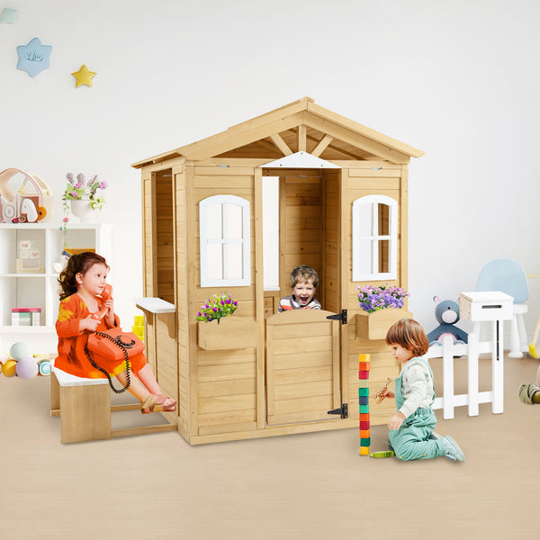 Wooden Playhouse For Kids Outdoor With Working Door, Windows, Mailbox, Bench, Flowers Pot Holder - Natural