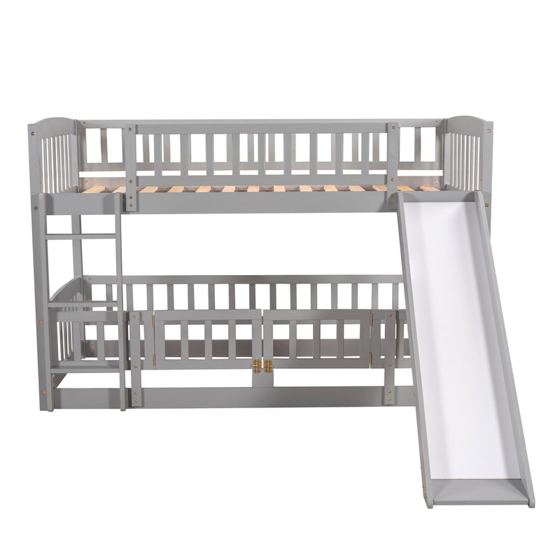 Bunk Bed with Slide,Twin Over Twin Low Bunk Bed with Fence and Ladder for Toddler Kids Teens Grey