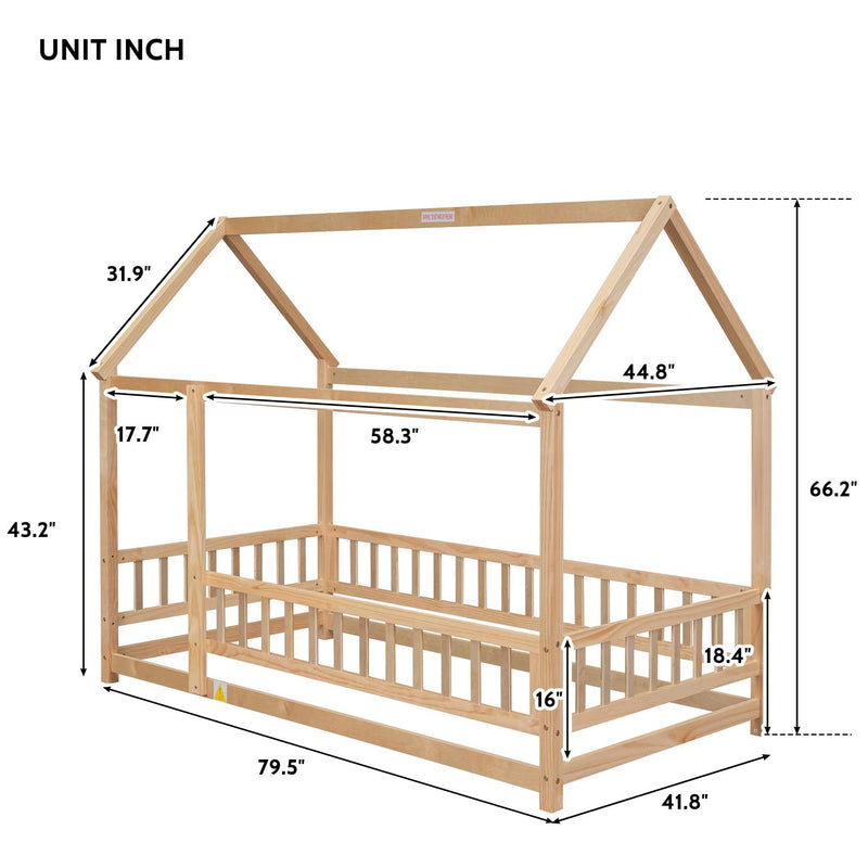 Floor Wooden Bed With House Roof Frame, Fence Guardrails