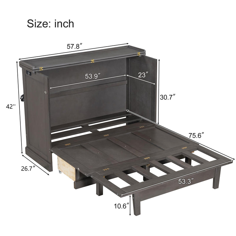 Solid Pine Murphy Bed Chest Cube Cabinet Bed With Charging Station And Large Storage Drawer For Home Office Or Small Room