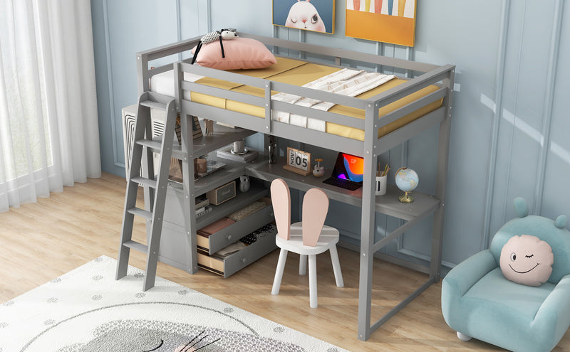 Twin Size Loft Bed with Desk and Shelves, Two Built-in Drawers, Gray(Old SKU: GX000423AAE)