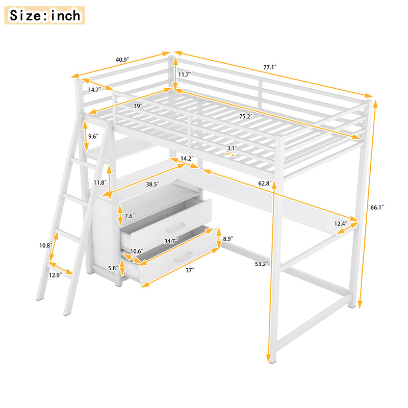 Twin Size Metal&Wood Loft Bed with Desk and Shelves, Two Built-in Drawers, White