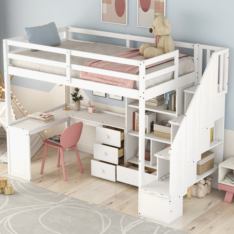 Twin Size Loft Bed with L-Shaped Desk and Drawers, Cabinet and Storage Staircase, White