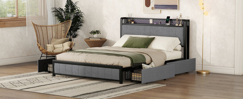 Queen Bed Frame with LED Headboard, Upholstered Bed with 4 Storage Drawers and USB Ports, Light Grey