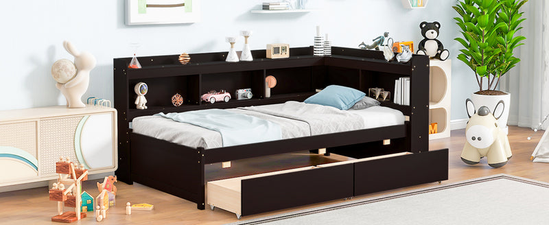 Twin Bed with L-shaped Bookcases,Drawers,Espresso