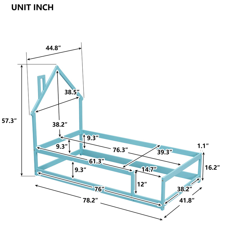 Twin Size Wood bed with House-shaped Headboard Floor bed with Fences,Light Blue