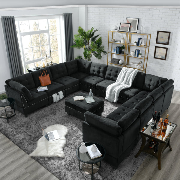 U shape Modular Sectional Sofa,DIY Combination,includes Seven Single Chair,Four Corner and One Ottoman,Black Velvet.