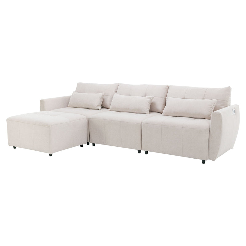 Convertible Sectional Sofa Couch 3 Seat L-Shaped Sofa With Movable Ottoman And USB For Apartment, Living Room, Bedroom