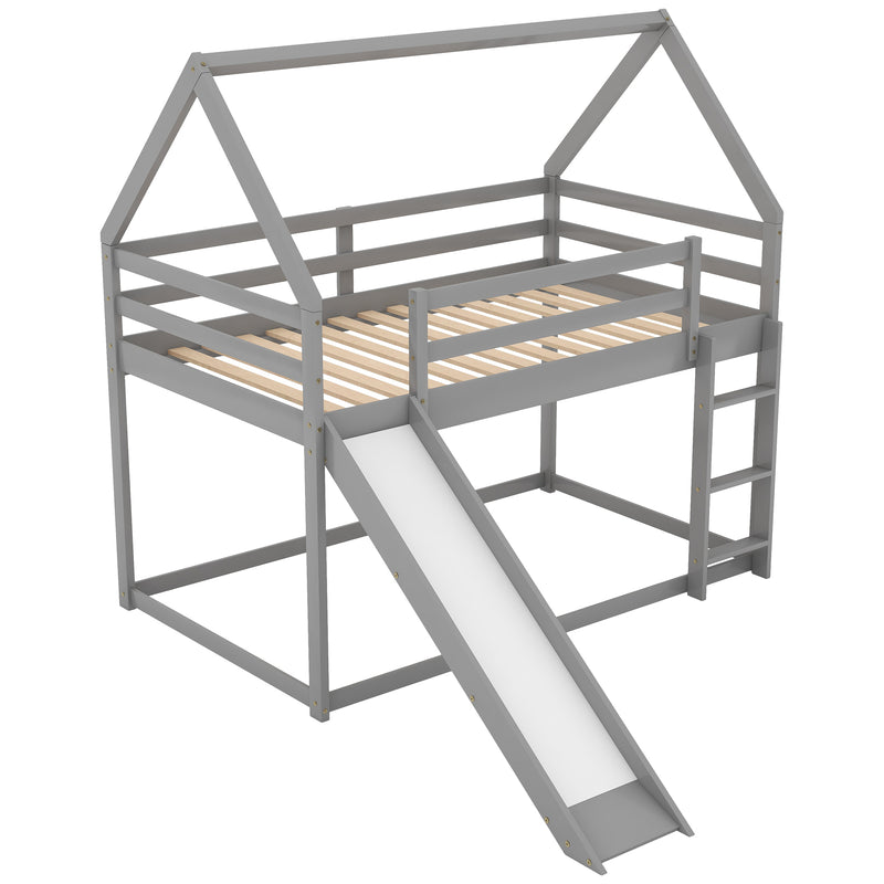 Twin Size Bunk House Bed with Slide and Ladder,Gray