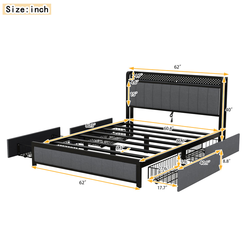 Queen Bed Frame with LED Headboard, Upholstered Bed with 4 Storage Drawers and USB Ports, Dark Grey