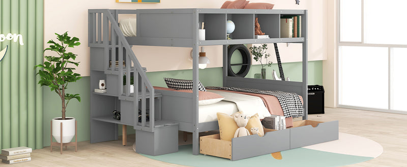 Twin over Full Bunk Bed with Shelfs, Storage Staircase and 2 Drawers, Gray