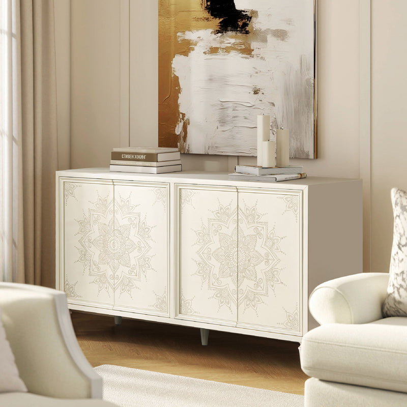 Mahal - Hand Painted Mandala Lacquered Sideboard - Ivory Off-White