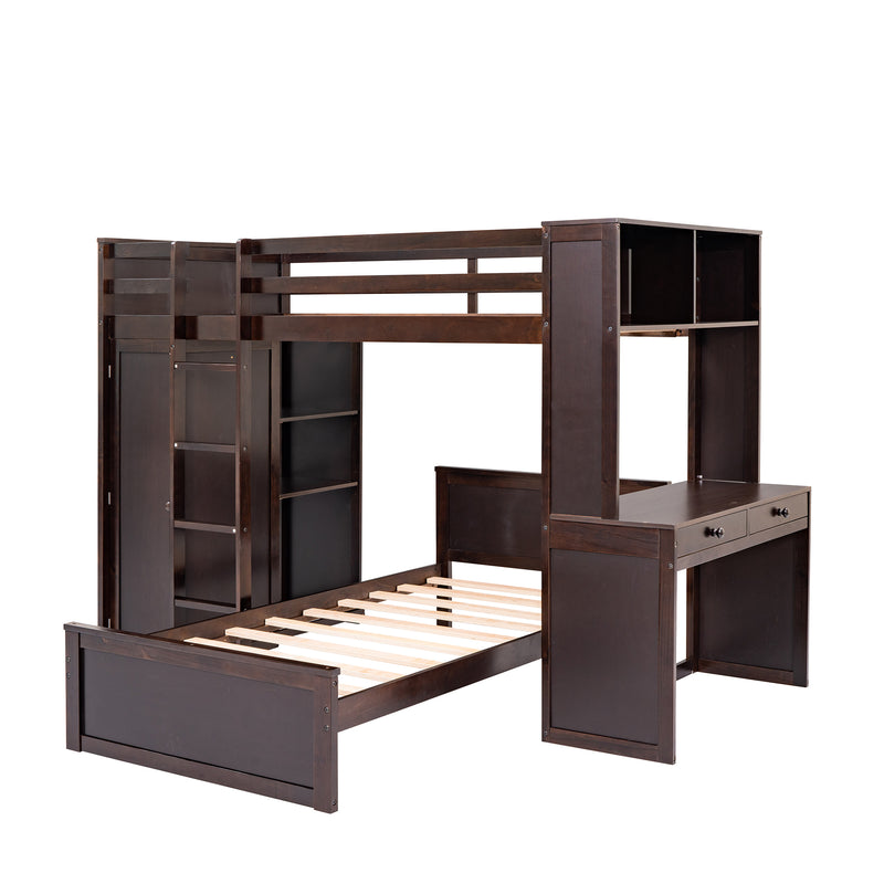 Twin size Loft Bed with a Stand-alone bed, Shelves,Desk,and Wardrobe-Espresso