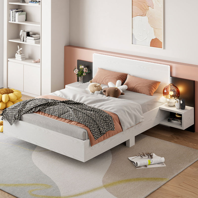 Floating Platform Bed, With LED Lights, Bedside Nightstand