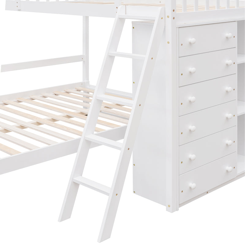 Wooden Twin Over Full Bunk Bed With Six Drawers And Flexible Shelves,Bottom Bed With Wheels,White(OLD SKU:LP000531AAK)