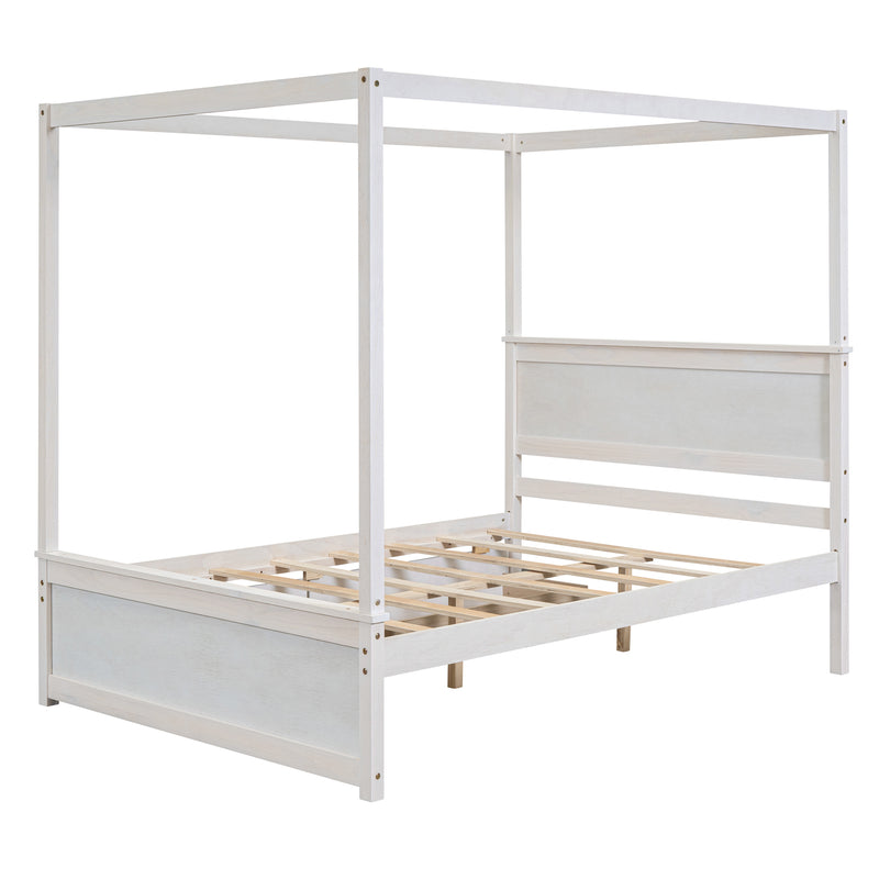 Wood Canopy Bed with two Drawers, Full Size Canopy Platform bed With Support Slats .No Box Spring Needed, Brushed White