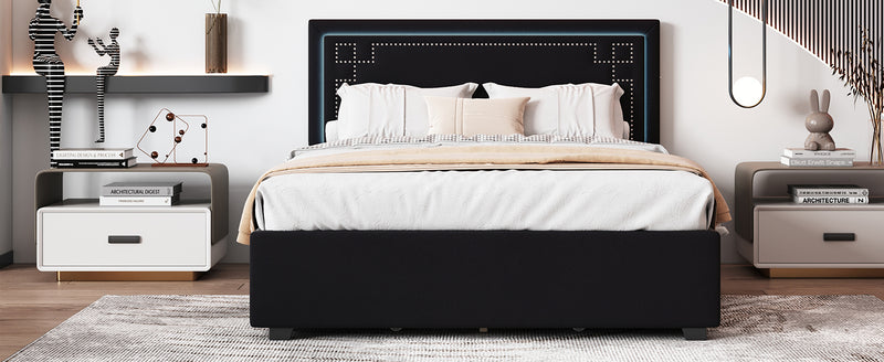 Queen Size Upholstered Platform Bed with Rivet-decorated Headboard, LED bed frame and 4 Drawers, Black