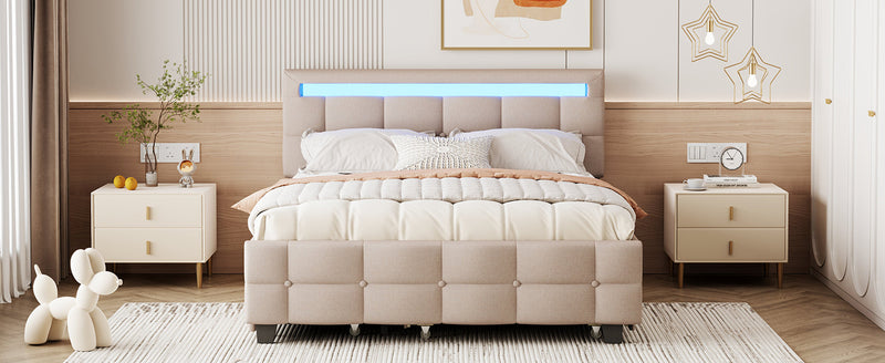 Queen Size Upholstered Platform Bed with LED Frame, with Twin XL Size Trundle and 2 drawers, Linen Fabric, Beige