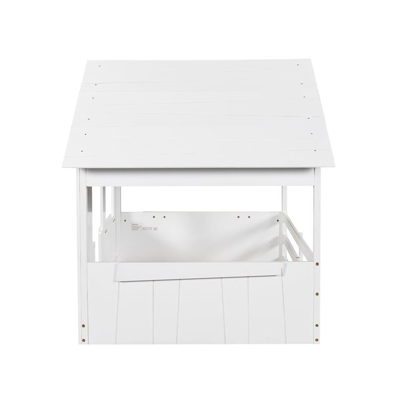 Wood Twin Size House Bed with Roof, Window and Guardrail, White