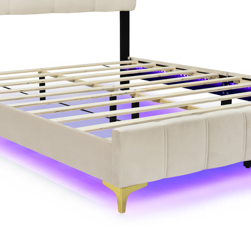 Queen Size Velvet Platform Bed with LED Frame and Stylish Mental Bed Legs, Beige