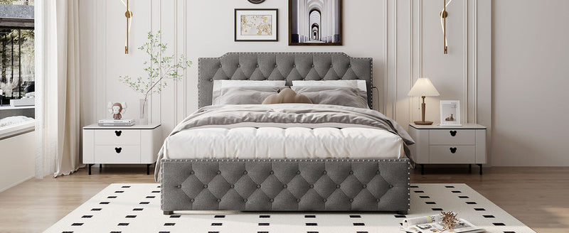 Queen Size Upholstered Platform Bed with Twin Size Trundle and 2 sets of USB Ports on each side, Linen Fabric, Gray