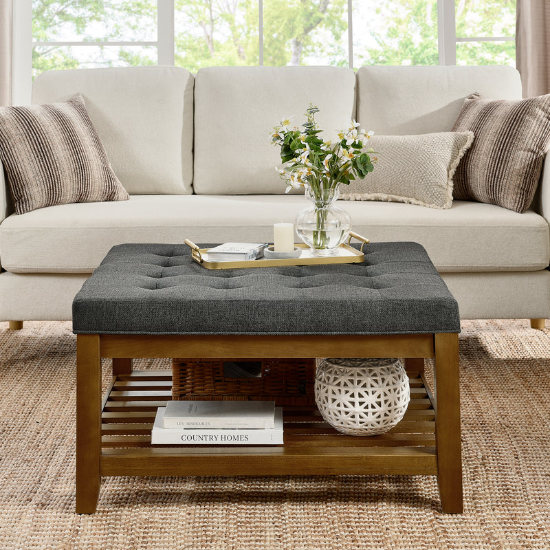 Upholstered Coffee Table Tufted Linen Large Square Ottoman with Beech Wood Shelf and Frame, Oversized Footrest Ottoman for Living Room, Dark Gray