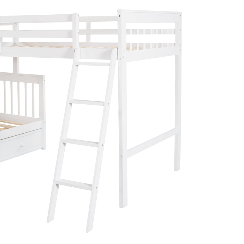 Twin over Full L-Shaped Bunk Bed With 3 Drawers, Ladder and Staircase - White