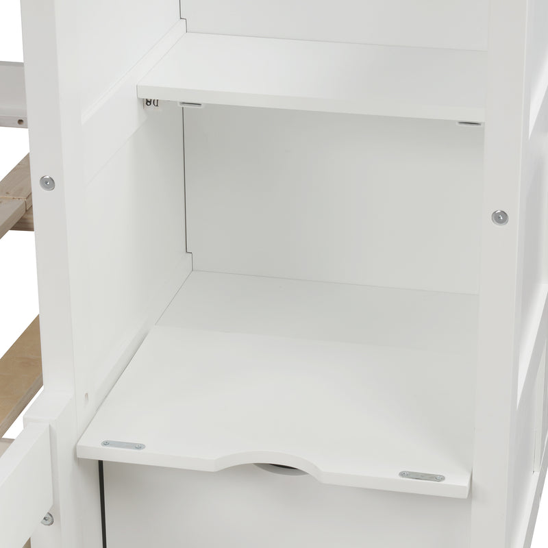 Twin over Full/Twin Bunk Bed, Convertible Bottom Bed, Storage Shelves and Drawers, White