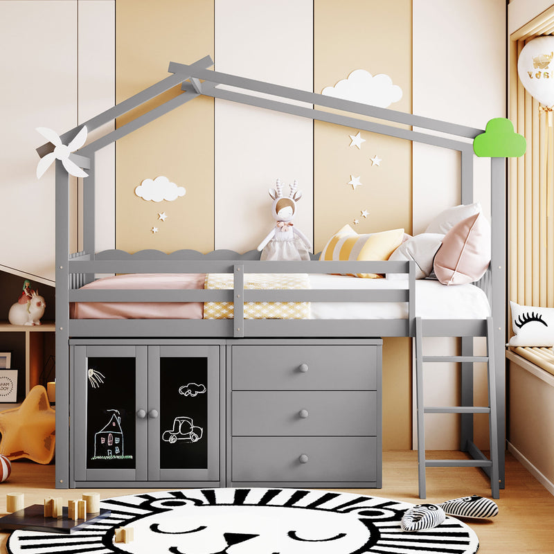 Twin Size House Bed With Cabinet and Drawers, Gray