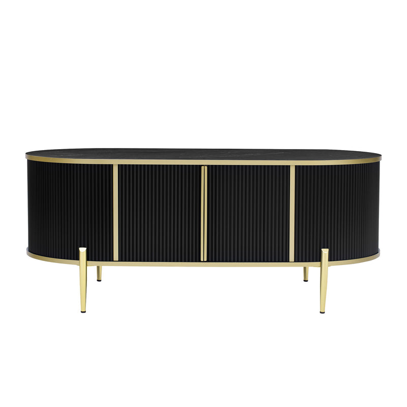 Modern Luxury Oval Shaped Fluted Coffee Table, Marble - Patterned Top Coffee Table With 2 Cabinets, Metal Legs And Handles For Living Room